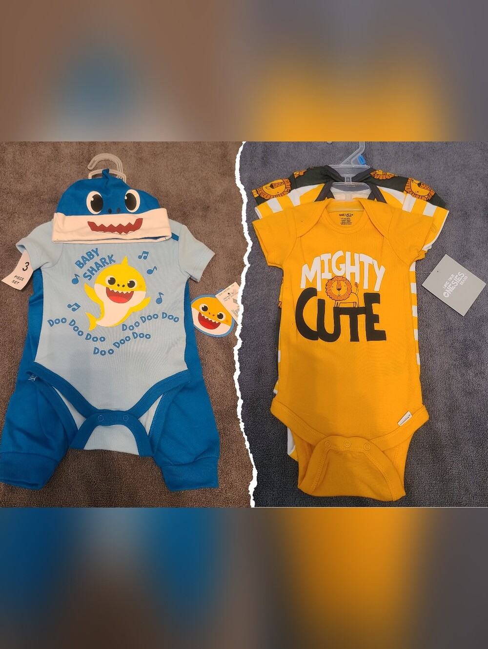 NEW 3-6m 3-Pc "Mighty Cute" Lion Onesies & 3-Pc "Baby Shark" Onesie/Pant/Hat Set